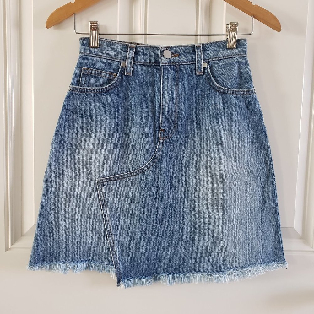 BLDWN Andie Asymmetric Frayed A Line Blue Denim Skirt SZ 24